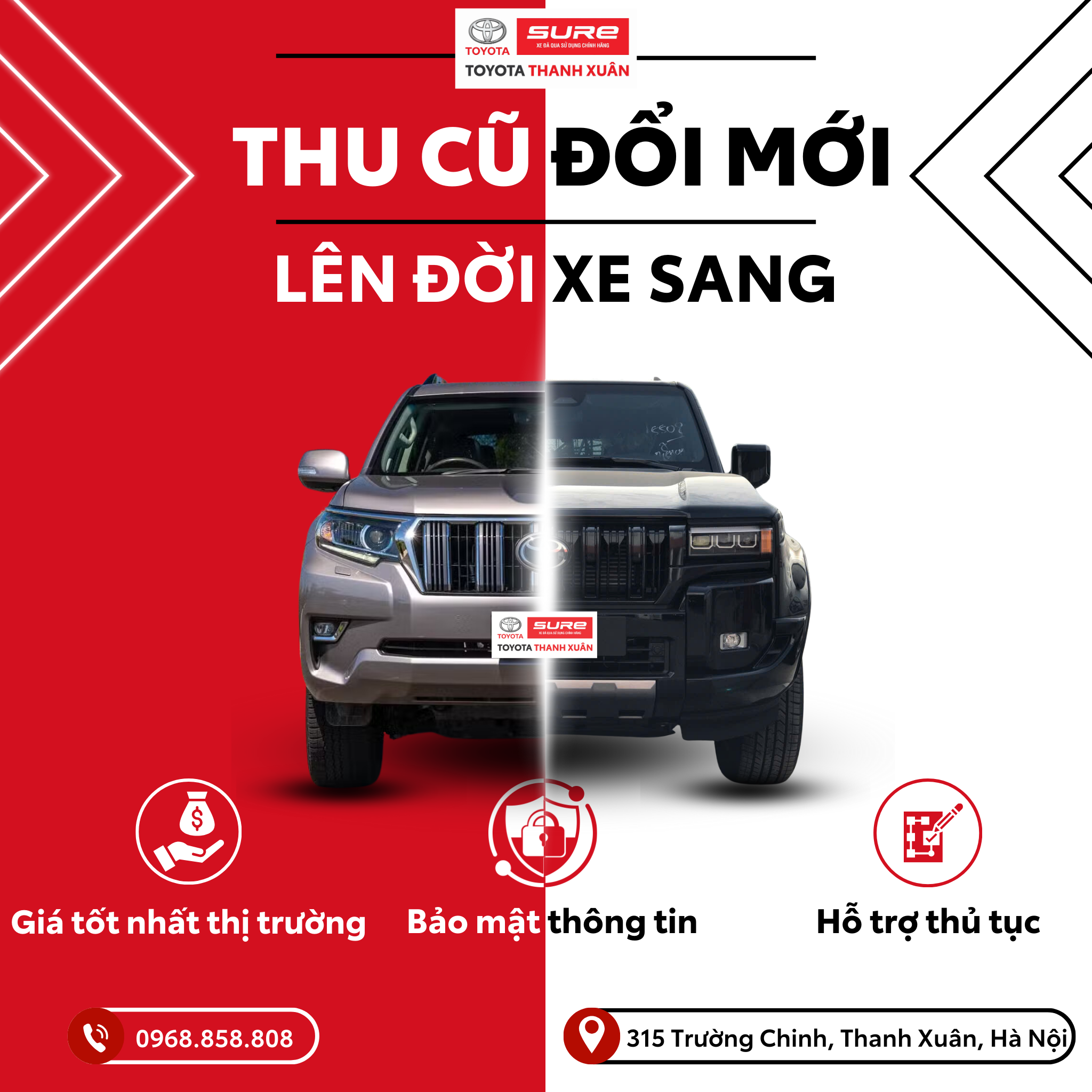 5fdf82_6acffa8b4c0d44d8830ba48eeb707f0emv2-1 Xe hơi hai màu chia đôi nền đỏ/trắng. Chữ lớn: "Thu cũ đổi mới, lên đời xe sang". Thông tin liên hệ và địa chỉ ở dưới.