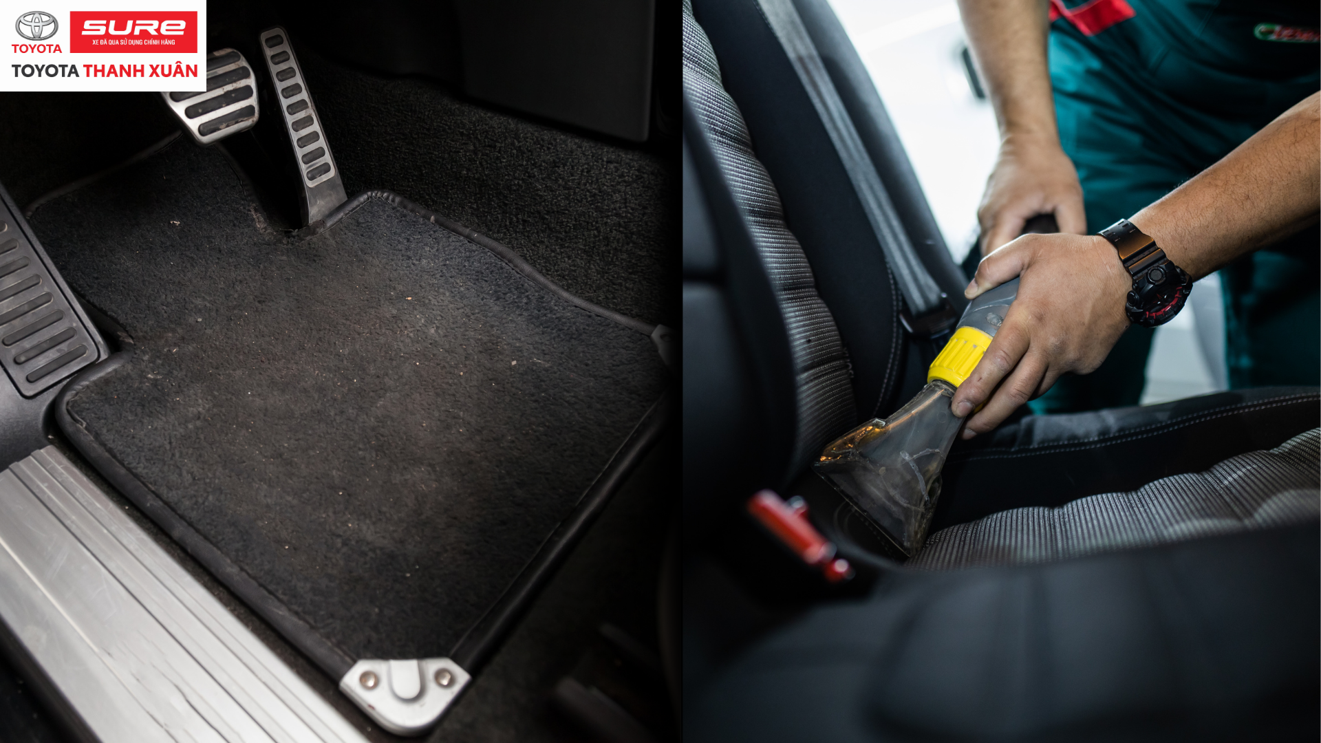Người đang hút bụi ghế ô tô với máy hút cầm tay, bàn đạp xe hơi bên cạnh. Logo Sure Toyota Thanh Xuân ở trên góc trái.